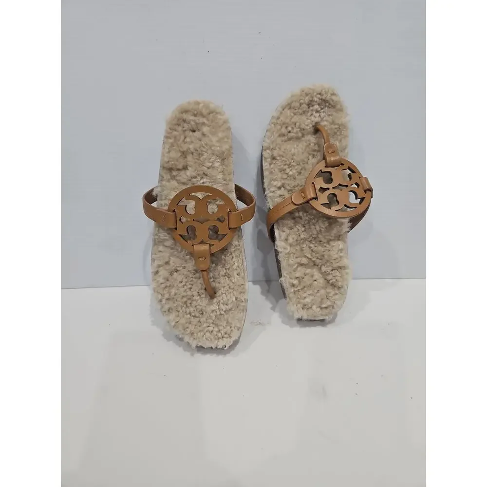 TORY BURCH MILLER Cloud THONG SANDAL Shearling Caramel Corn/Buttermilk Sz 9.5